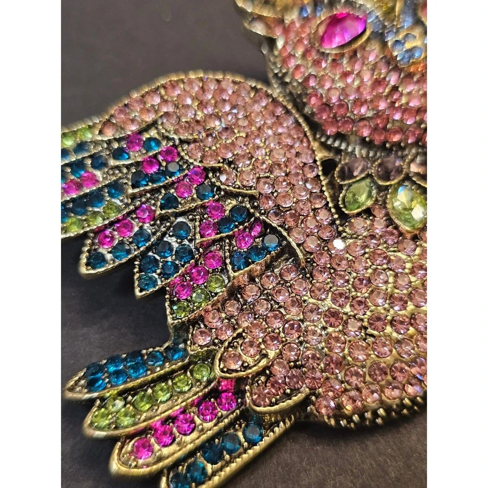 LARGE Vintage‎ Style Owl Brooch Multicolor Rhinestone Gold Whimsical Cottagecore
